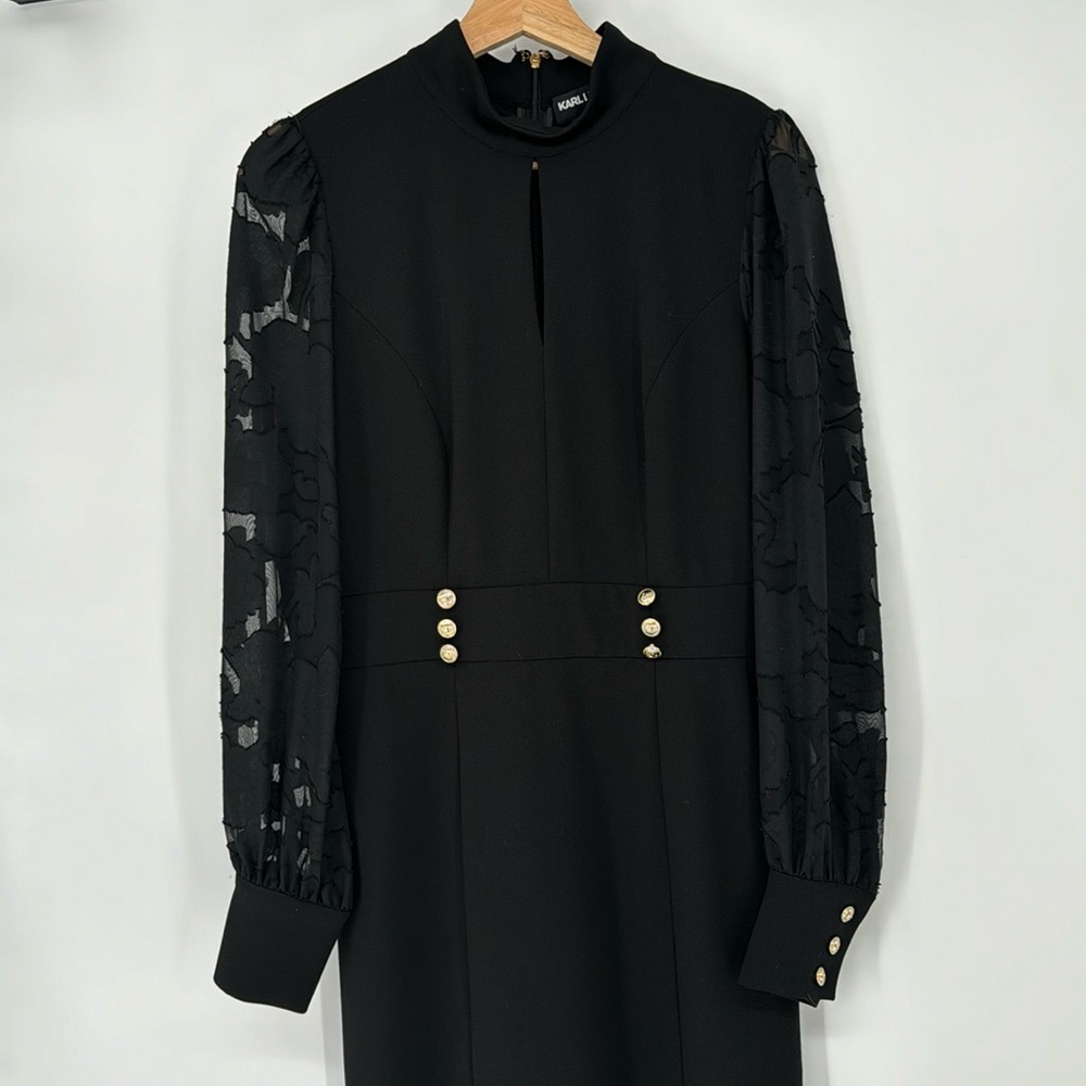Karl Lagerfeld Womens Black Sheer Floral Sleeve Knee Length Classic Dress Size 6 - Picture 3 of 10